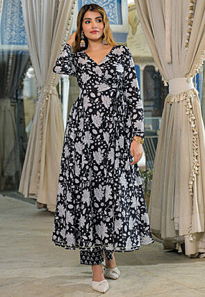 Digital Printed Cotton A Line Kurta Set in Black