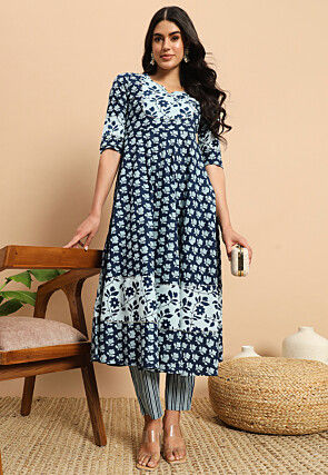 Digital Printed Cotton A Line Kurta Set in Blue