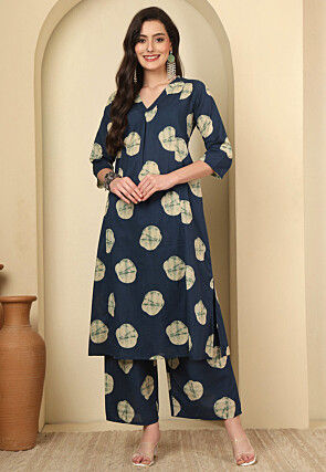 Digital Printed Cotton A Line Kurta Set in Dark Blue