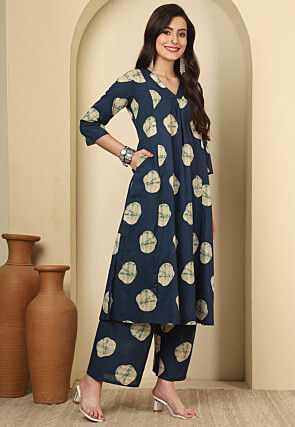 Digital Printed Cotton A Line Kurta Set in Dark Blue