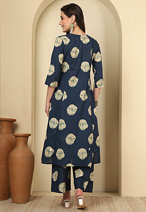 Digital Printed Cotton A Line Kurta Set in Dark Blue
