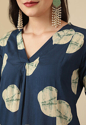 Digital Printed Cotton A Line Kurta Set in Dark Blue