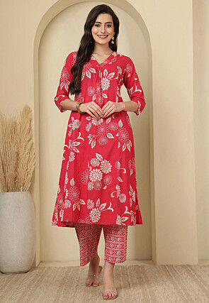 Digital Printed Cotton A Line Kurta Set in Fuchsia