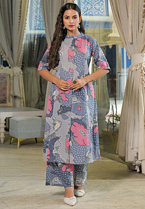 Digital Printed Cotton A Line Kurta Set in Grey