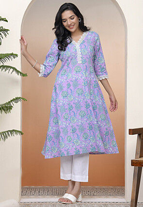 Digital Printed Cotton A Line Kurta Set in Light Purple