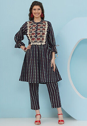 Digital Printed Cotton A Line Kurta Set in Multicolor