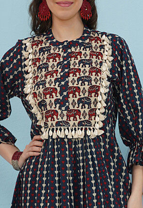 Digital Printed Cotton A Line Kurta Set in Multicolor