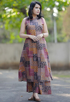 Digital Printed Cotton A Line Kurta Set in Multicolor