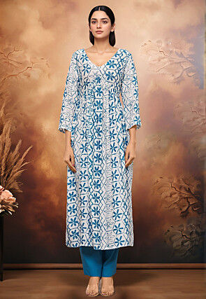 Digital Printed Cotton A Line Kurta Set in Off White