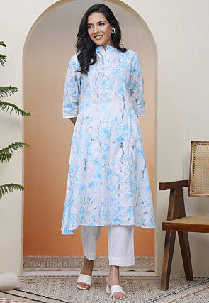 Digital Printed Cotton A Line Kurta Set in White
