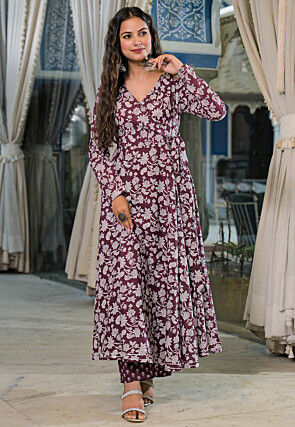 Digital Printed Cotton A Line Kurta Set in Wine