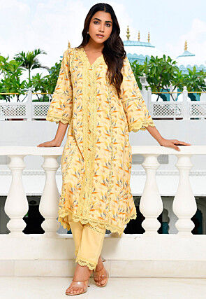 Digital Printed Cotton A Line Kurta Set in Yellow