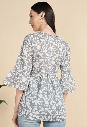 Digital Printed Cotton A Line Kurti in Grey