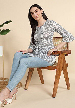 Digital Printed Cotton A Line Kurti in Grey