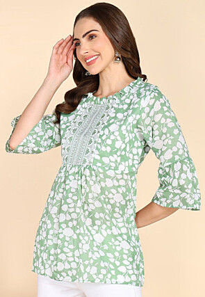 Digital Printed Cotton A Line Kurti in Pastel Green