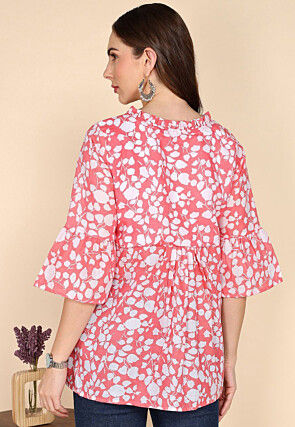 Digital Printed Cotton A Line Kurti in Peach