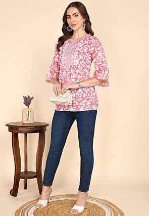 Digital Printed Cotton A Line Kurti in Peach