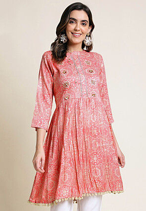 Digital Printed Cotton A Line Kurti in Peach