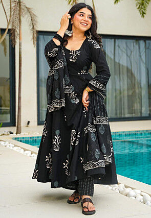 Digital Printed Cotton A Line Suit in Black