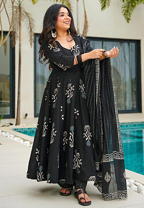 Digital Printed Cotton A Line Suit in Black