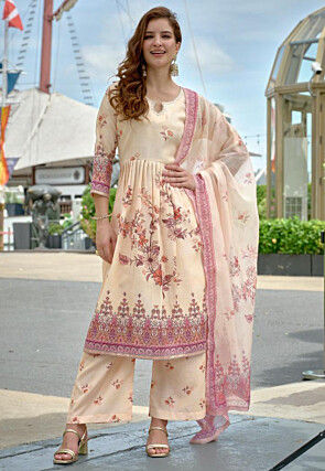Digital Printed Cotton A Line Suit in Cream