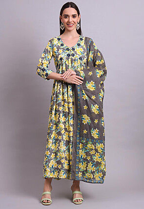 Digital Printed Cotton A Line Suit in Grey
