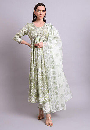 Digital Printed Cotton A Line Suit in Light Green