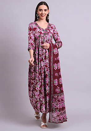 Digital Printed Cotton A Line Suit in Maroon