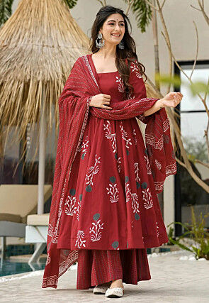 Digital Printed Cotton A Line Suit in Maroon