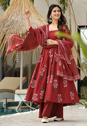 Digital Printed Cotton A Line Suit in Maroon
