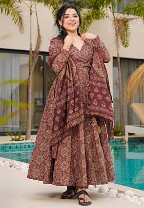 Digital Printed Cotton A Line Suit in Maroon