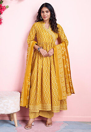 Digital Printed Cotton A Line Suit in Mustard