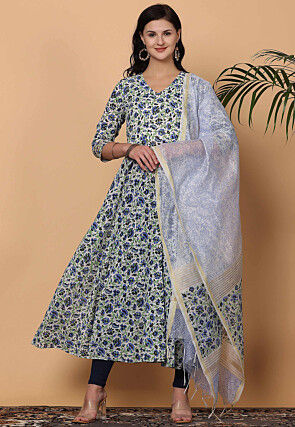 Digital Printed Cotton A Line Suit in Off White