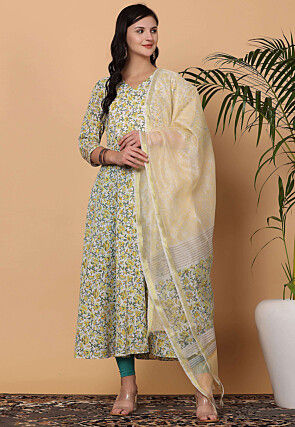 Digital Printed Cotton A Line Suit in Off White
