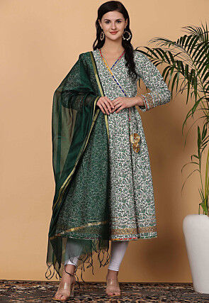 Digital Printed Cotton A Line Suit in Off White