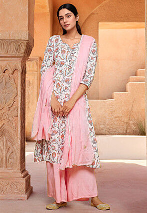 Digital Printed Cotton A Line Suit in Off White