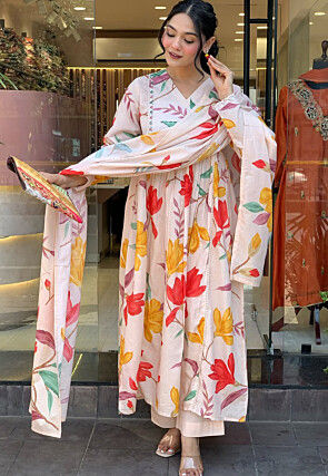 Digital Printed Cotton A Line Suit in Off White