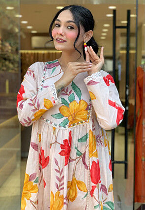 Digital Printed Cotton A Line Suit in Off White