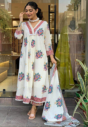 Digital Printed Cotton A Line Suit in Off White