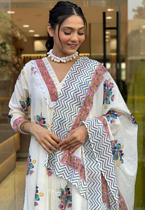Digital Printed Cotton A Line Suit in Off White