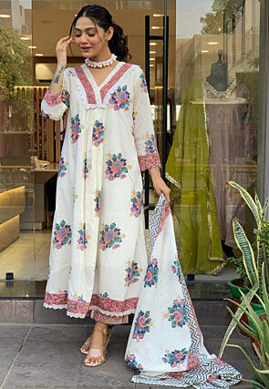 Digital Printed Cotton A Line Suit in Off White