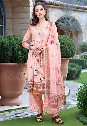 Digital Printed Cotton A Line Suit in Peach