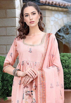 Digital Printed Cotton A Line Suit in Peach