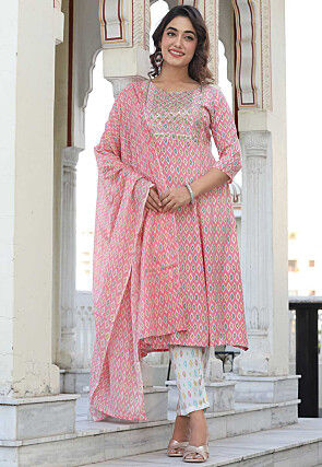 Digital Printed Cotton A Line Suit in Pink