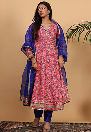 Digital Printed Cotton A Line Suit in Pink