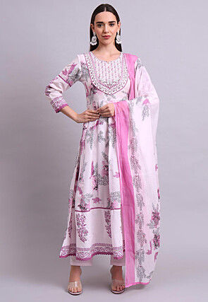 Digital Printed Cotton A Line Suit in Pink