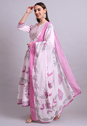 Digital Printed Cotton A Line Suit in Pink