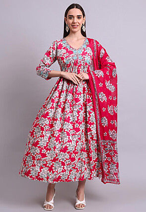 Digital Printed Cotton A Line Suit in Pink