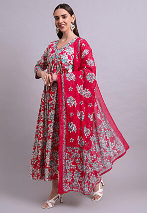 Digital Printed Cotton A Line Suit in Pink