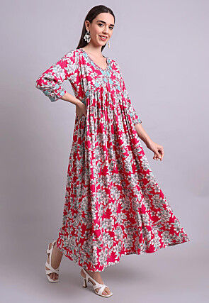 Digital Printed Cotton A Line Suit in Pink